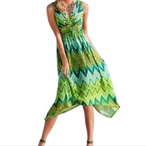 Chico's Dress Maida Handkerchief Midi Asymmetric IKAT Knit Green, Size 8 / Med